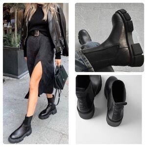 New Zara Low Lug Chelsea Logo Ankle Boots